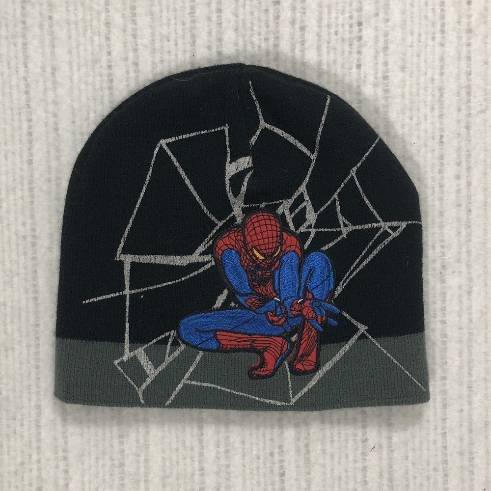 Marvel The Amazing Spider-Man Beanie Black Grey Knit Hat Embroidered Web Graphic